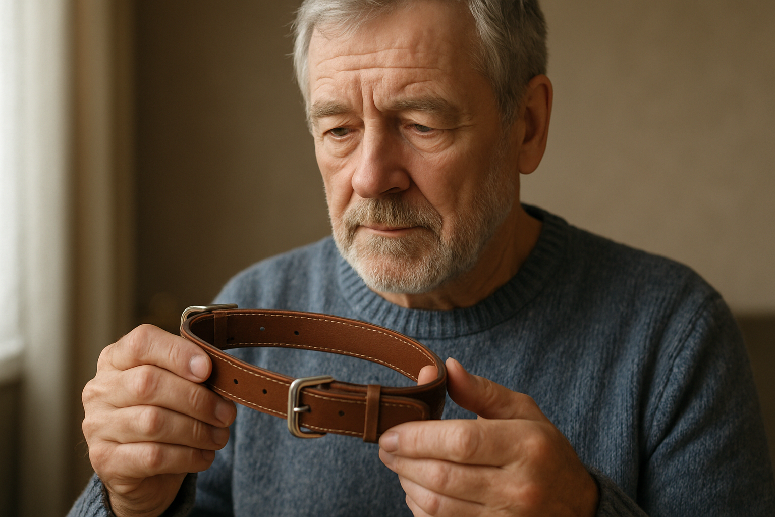 Elderly man holding a dog collar while remembering his beloved pet.