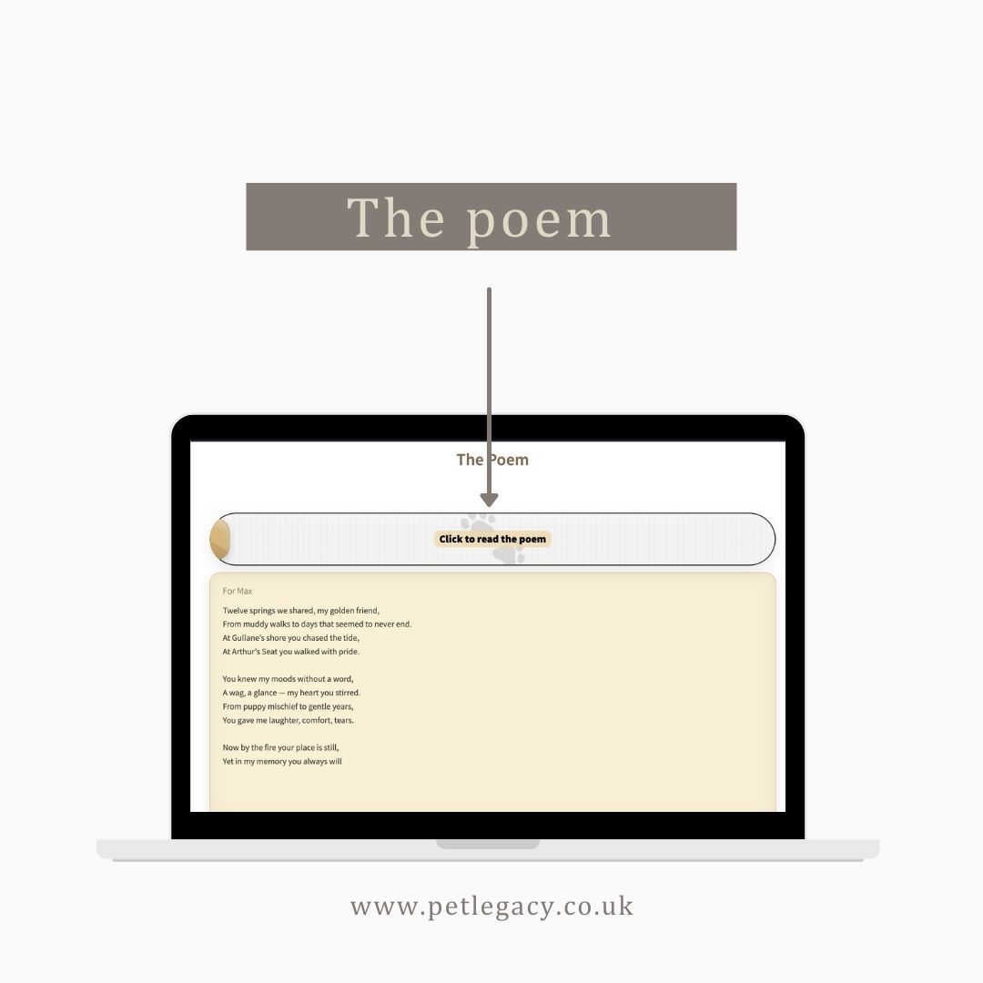 Screenshot of a Pet Legacy memorial page showing the poem section with a poem dedicated to a pet named Max.