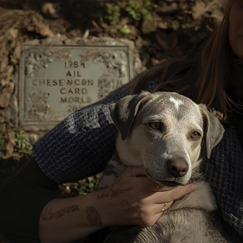 Pet owner with dog next to a memorial plaque with QR code in the UK