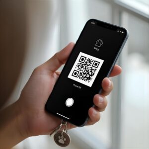 Scanning QR code on pet keychain for memorial page in the UK