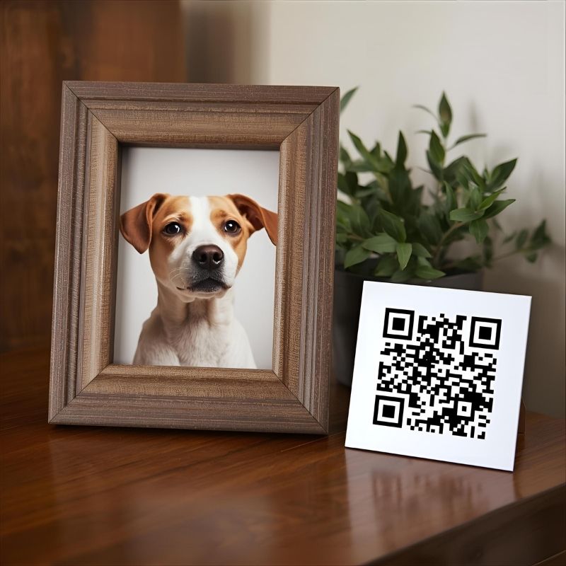 Pet photo frame with QR code plaque for digital memorial in the UK