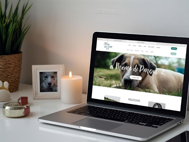 Phone displaying an online pet memorial page beside a pawprint, showing how to celebrate your pet’s life online.
