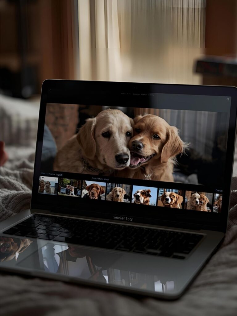 Laptop showing an online pet photo gallery to celebrate your pet’s life online.