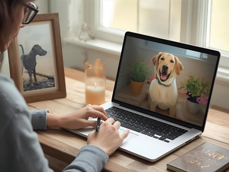 Person writing memories of their pet beside a photo frame, representing how to celebrate your pet’s life online.