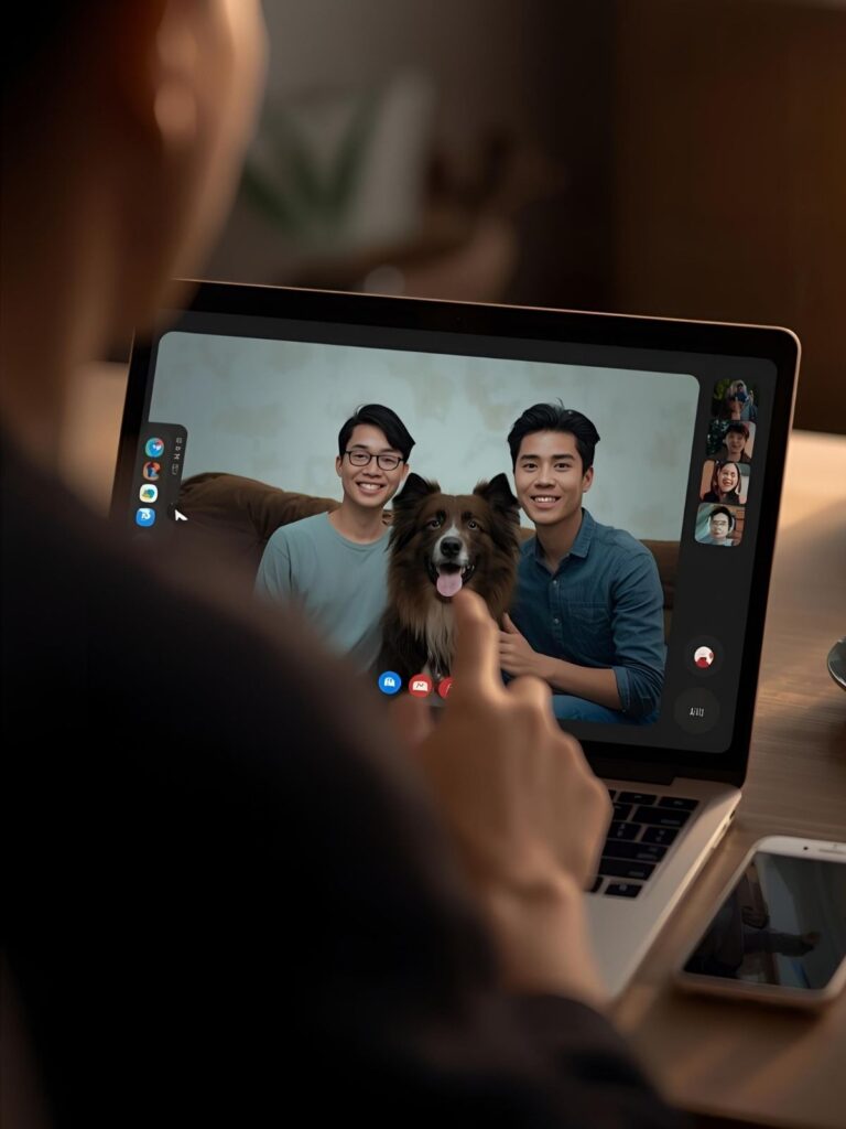 Friends joining an online memorial video call to celebrate a pet’s life together.