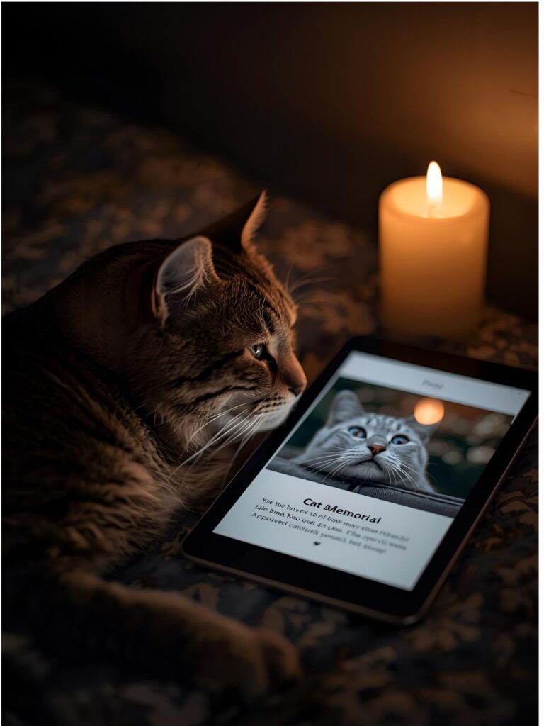 Cat resting beside tablet displaying a feline memorial page to celebrate your pet’s life online.