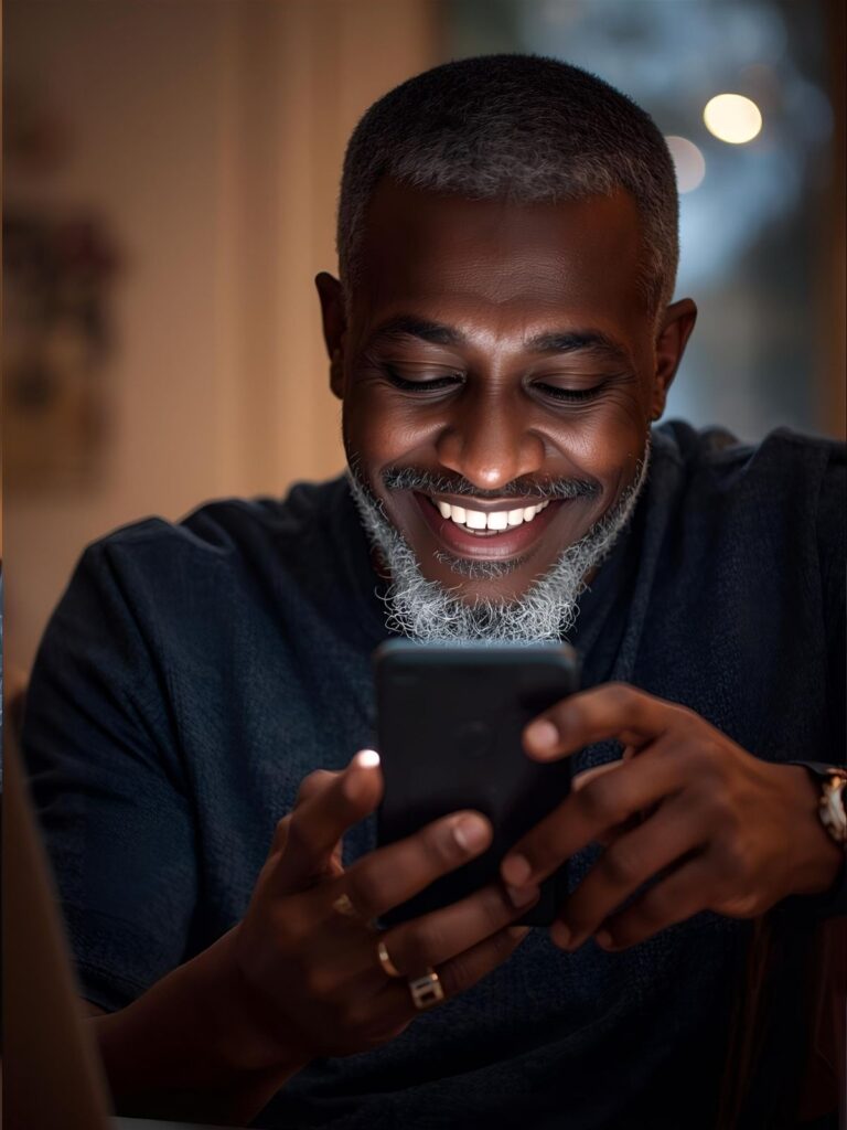 Person smiling while viewing an online pet memorial page to celebrate their pet’s life.