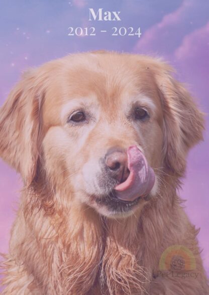 Cloud-style digital pet portrait of a golden retriever with serene sky tones