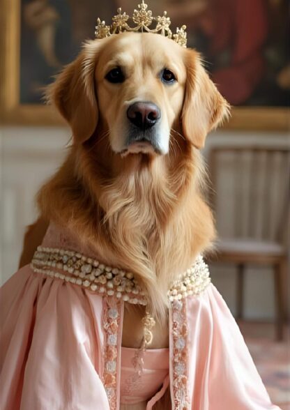 Classic-style pet portrait of a golden retriever in elegant pink clothing with lace collar