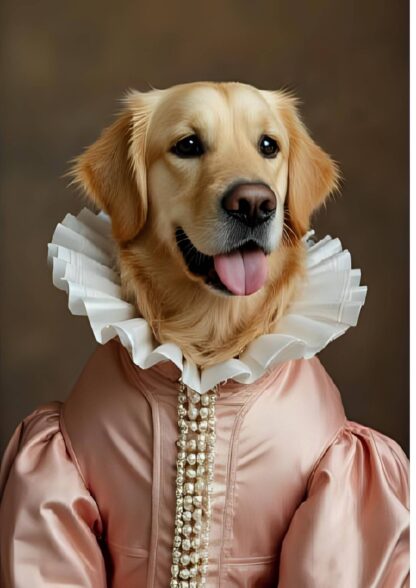Custom pet portrait of a golden retriever dressed as a noble duchess in a soft pink gown
