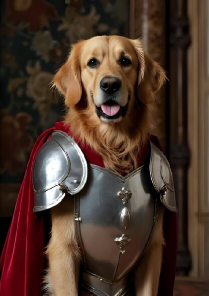 Renaissance-style digital pet portrait of a golden retriever wearing silver knight armour