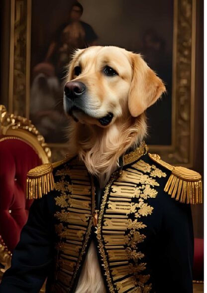 Regal pet portrait of a golden retriever in military uniform inspired by Napoleon