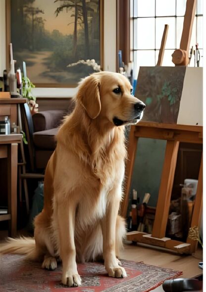 Digital art portrait of a golden retriever posed as a historical painter