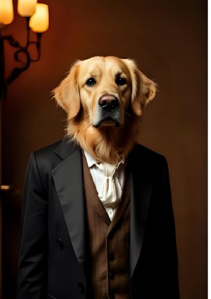 Historical pet portrait of a golden retriever in Victorian gentleman attire with waistcoat and suit