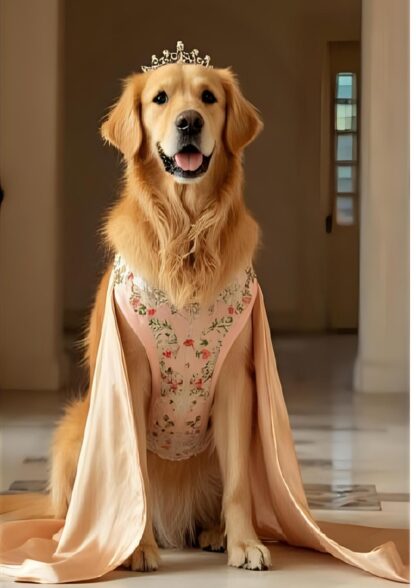Historical pet portrait of a golden retriever dressed as a royal queen in a ruffled Elizabethan gown