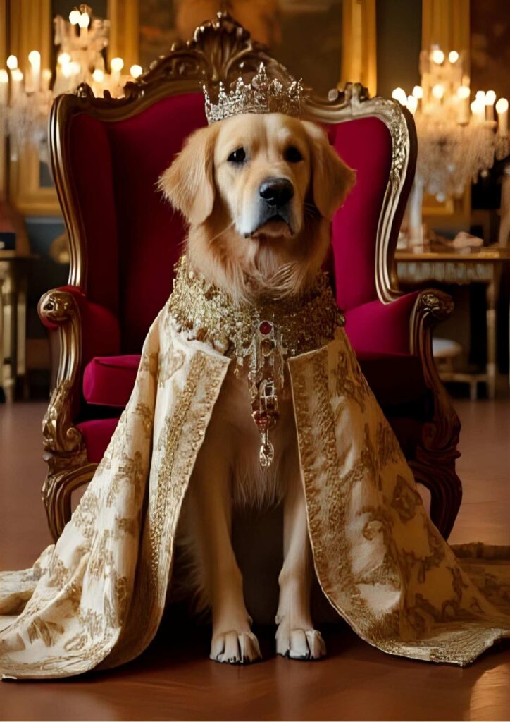 Royal-style digital pet portrait of a golden retriever wearing a gold-trimmed royal robe