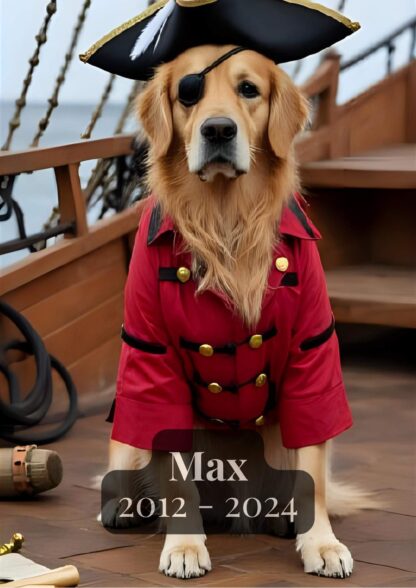 Digital pet portrait of a golden retriever dressed as a pirate captain with an eye patch, compass, and treasure map on a wooden ship deck, realistic historical style