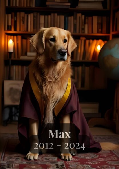 Custom pet portrait of a golden retriever in a scholarly setting dressed like a philosopher