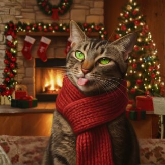 Tabby cat wearing a red scarf sitting in front of a cozy Christmas fireplace with a decorated tree and stockings in the background.