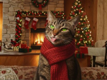 Tabby cat wearing a red scarf sitting in front of a cozy Christmas fireplace with a decorated tree and stockings in the background.