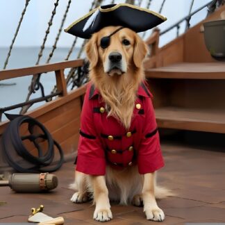Golden retriever dressed as a pirate with red coat and hat on a ship deck – Pet Portrait Pirate Style by Pet Legacy