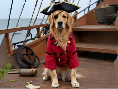 Golden retriever dressed as a pirate with red coat and hat on a ship deck – Pet Portrait Pirate Style by Pet Legacy