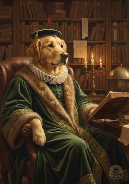 A golden retriever dressed as a philosopher in a vintage study surrounded by books and candlelight, painted in a 19th-century oil painting style.