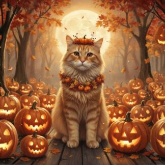 A fluffy orange tabby cat wearing a pumpkin crown and autumn wreath, sitting proudly among glowing jack-o’-lanterns in a moonlit forest filled with falling leaves, magical Halloween atmosphere, warm orange and golden tones.