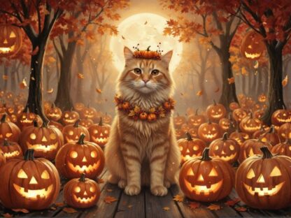 A fluffy orange tabby cat wearing a pumpkin crown and autumn wreath, sitting proudly among glowing jack-o’-lanterns in a moonlit forest filled with falling leaves, magical Halloween atmosphere, warm orange and golden tones.