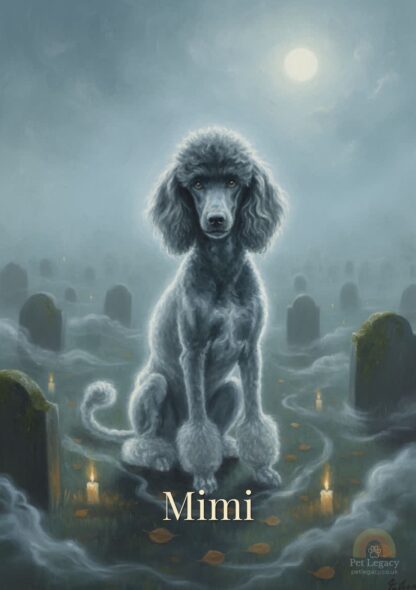 Halloween Pet Portrait of a grey poodle spirit glowing in a moonlit graveyard with candles — Pet Legacy digital artwork.