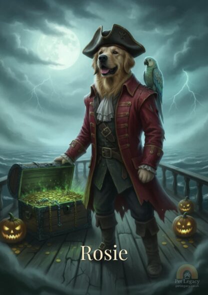 Halloween Pet Portrait of a golden retriever dressed as a pirate captain with treasure chest and pumpkins — Pet Legacy digital artwork.