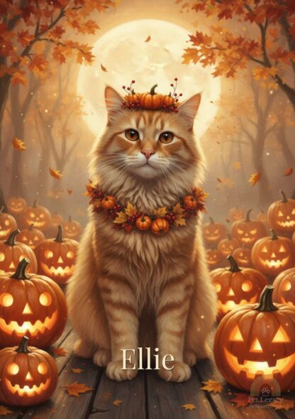 Halloween Pet Portrait of an orange tabby cat wearing a pumpkin crown surrounded by glowing jack-o’-lanterns — Pet Legacy digital artwork.