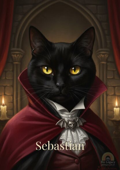 Halloween Pet Portrait of a black cat dressed as a vampire noble with red cloak and candles — Pet Legacy digital artwork.