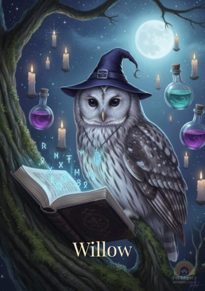 Halloween Pet Portrait of a wise owl wearing a witch hat beside a glowing spellbook and floating candles — Pet Legacy digital artwork.