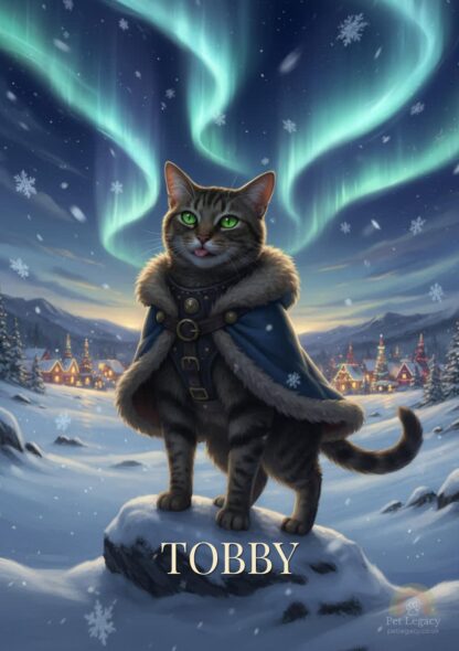 Tabby cat named Tobby dressed in a fur-lined blue winter cloak, standing proudly on snow under the northern lights with a festive village in the background.