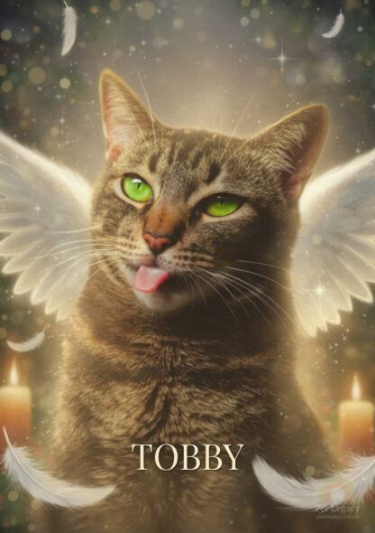 Tabby cat named Tobby with glowing angel wings surrounded by candles, feathers, and soft golden light, symbolising a peaceful and loving tribute.