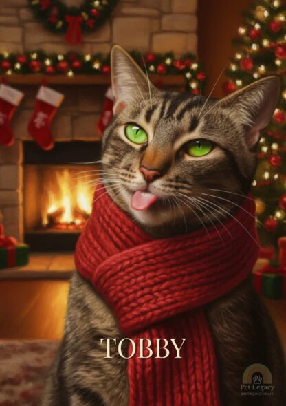 Tabby cat named Tobby wearing a red knitted scarf, sitting in front of a glowing fireplace and Christmas tree decorated with stockings and garlands.
