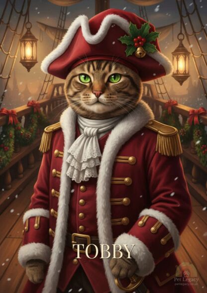 Tabby cat named Tobby dressed as a Christmas pirate captain in a red coat and hat with holly, standing on a decorated ship deck with lanterns and snow.