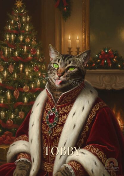 Tabby cat named Tobby wearing an ornate red royal robe with fur trim and jeweled pendant, sitting by a Christmas tree and candles in a grand festive room.
