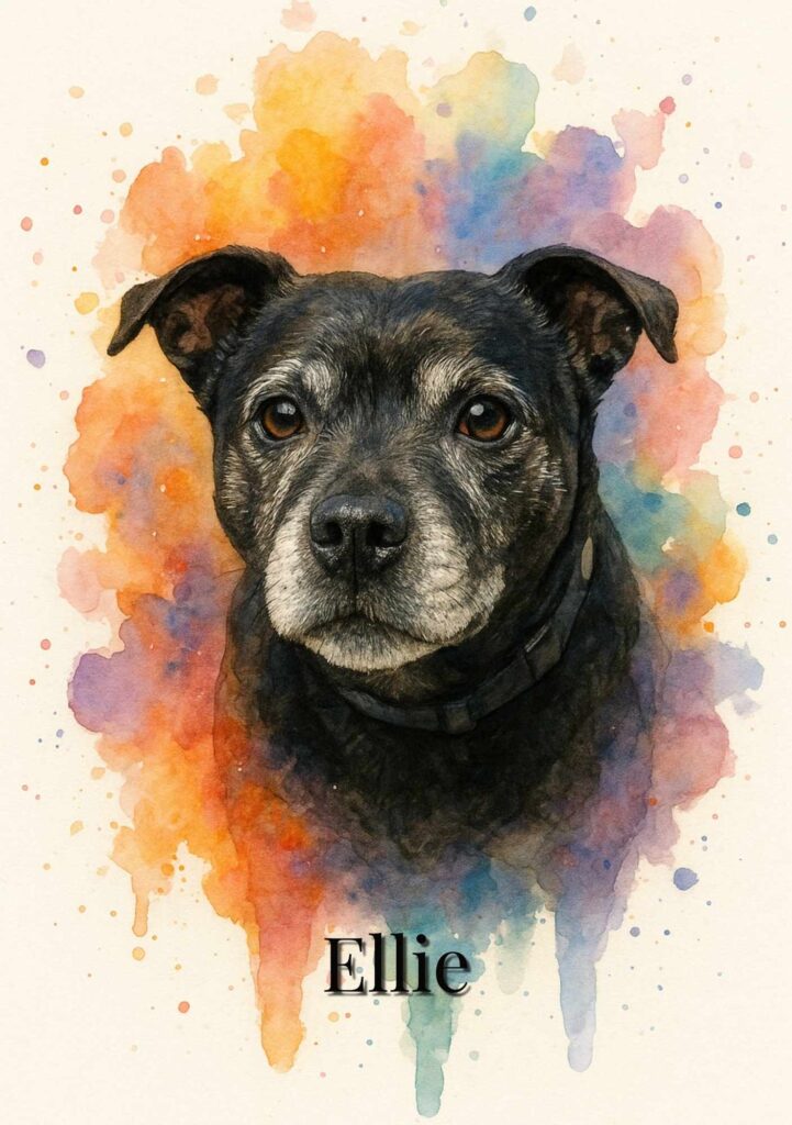 Watercolor style digital pet portrait of Ellie, painted in soft artistic tones — Pet Legacy UK.