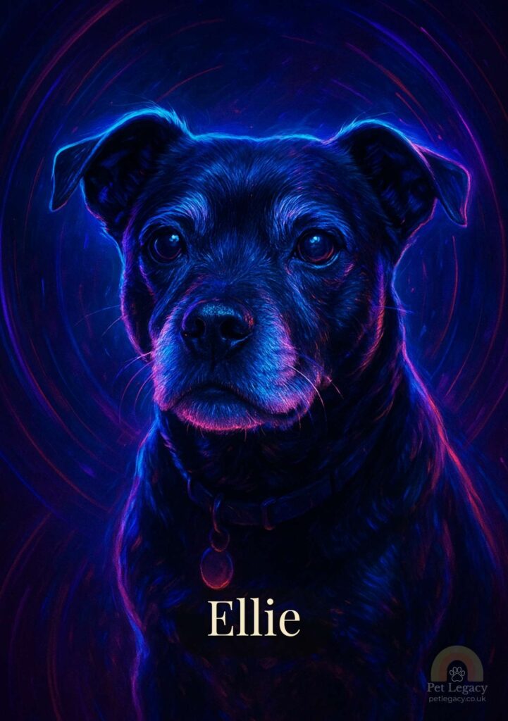 Neon style digital pet portrait of Ellie, a black dog with glowing blue and purple highlights — Pet Legacy UK.