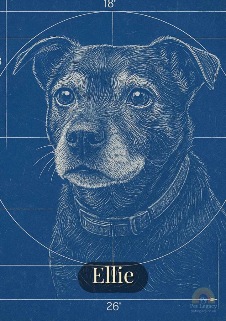 Blueprint-style digital pet portrait of a dog, technical drafting aesthetic with measurement lines — Pet Legacy UK.