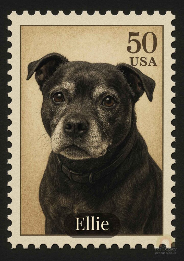 Postage stamp–style digital pet portrait of a black dog on vintage beige stamp design — Pet Legacy UK.