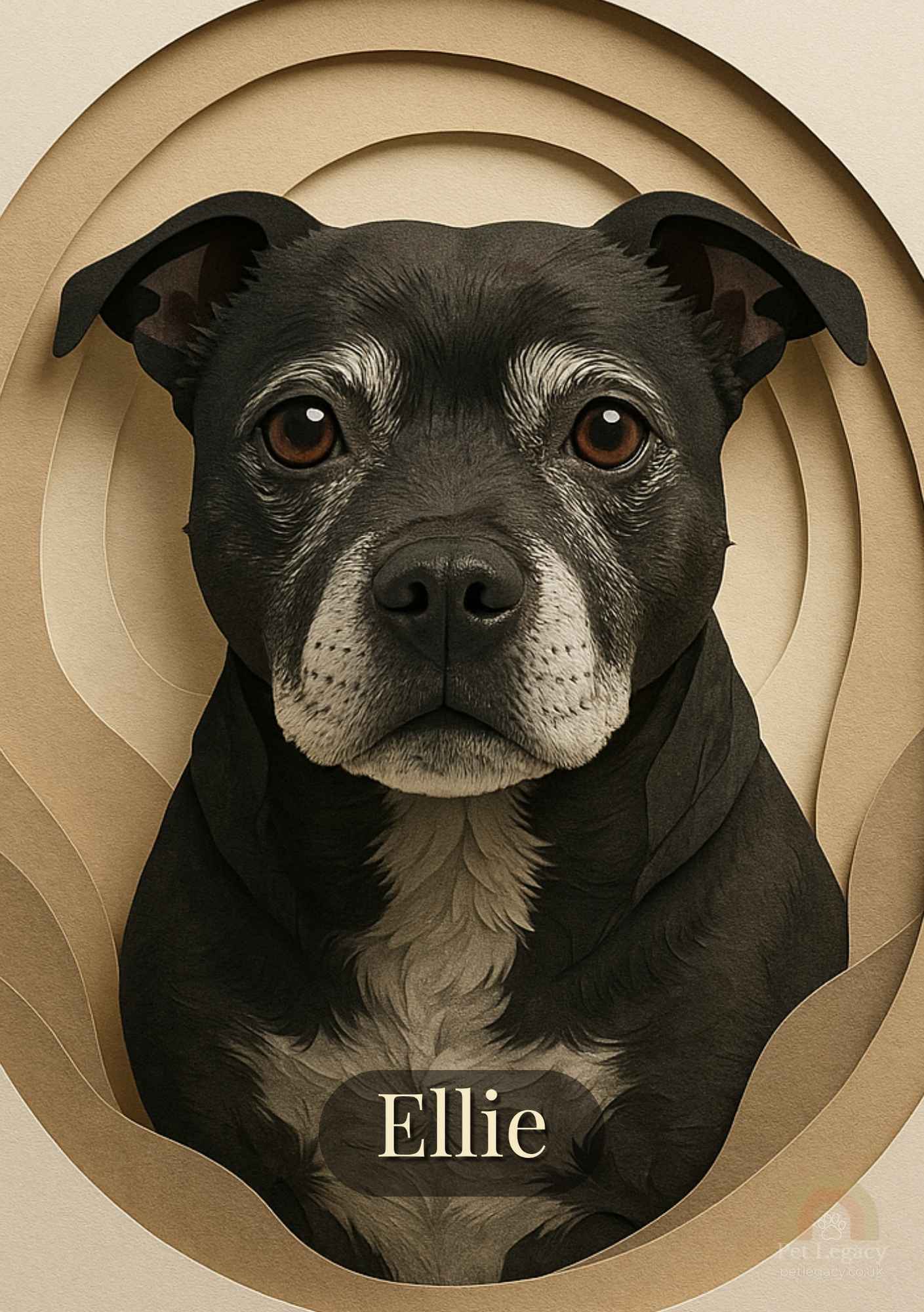 Illustrated portrait of a black Staffordshire Bull Terrier named Ellie — vintage carved background.