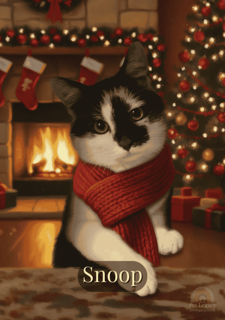 Custom Christmas pet portrait of black-and-white cat Snoop wearing a red scarf by a cosy fireplace.
