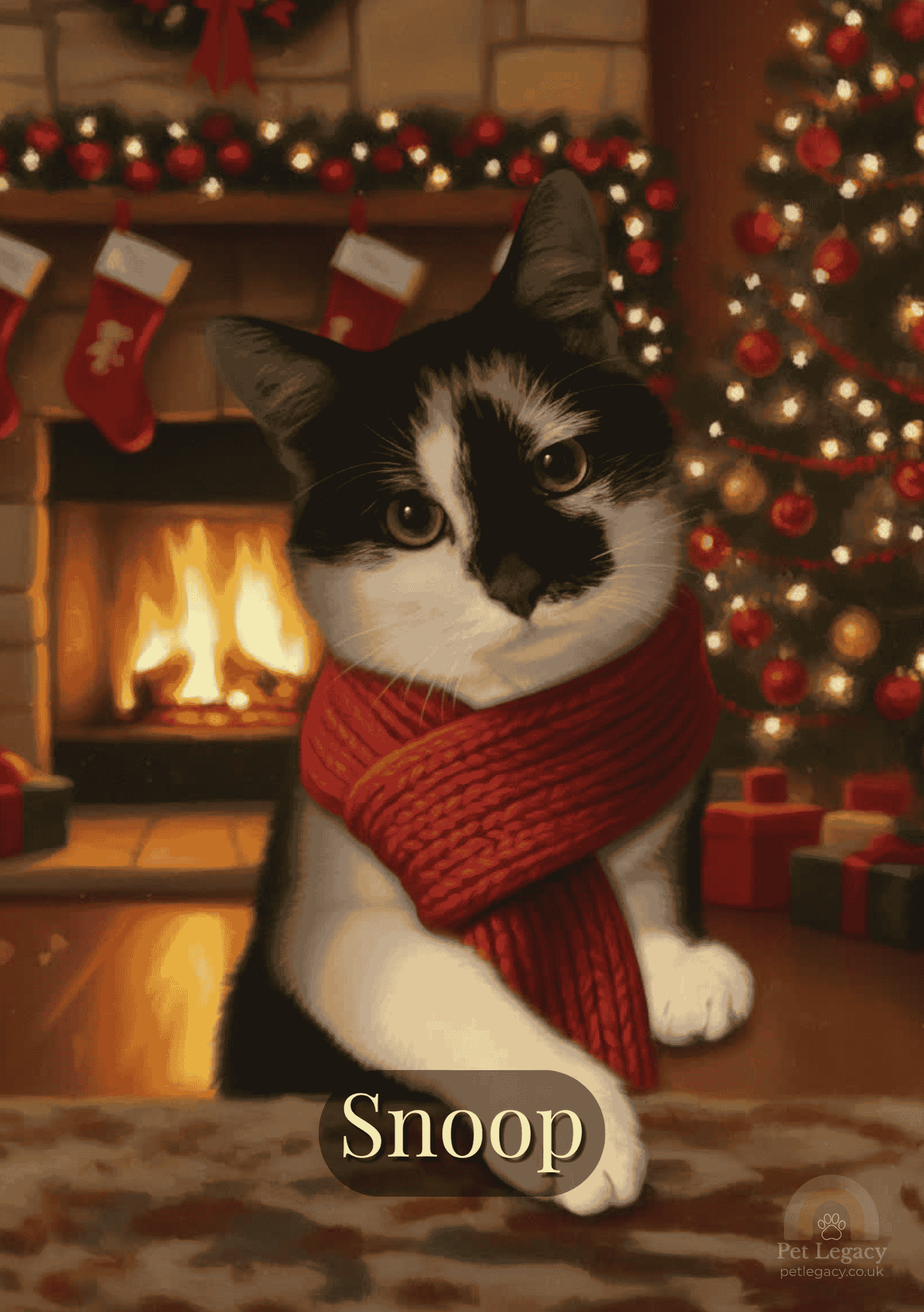 Custom Christmas pet portrait of black-and-white cat Snoop wearing a red scarf by a cosy fireplace.