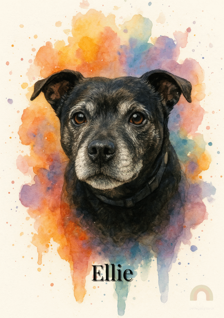 Watercolour custom pet portrait of black Staffordshire Bull Terrier Ellie with colourful paint splashes.