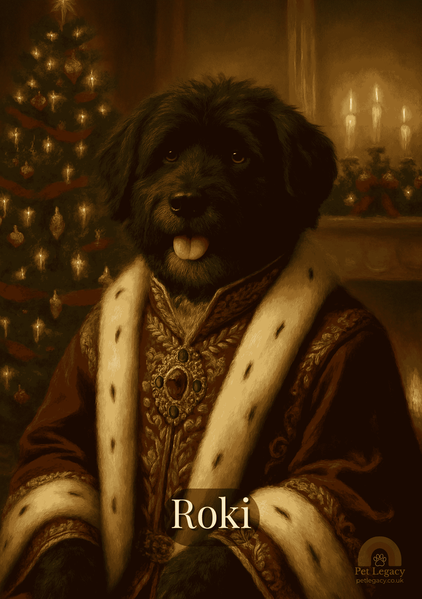 Historic royal-style custom pet portrait of dog Roki dressed in ornate period clothing.