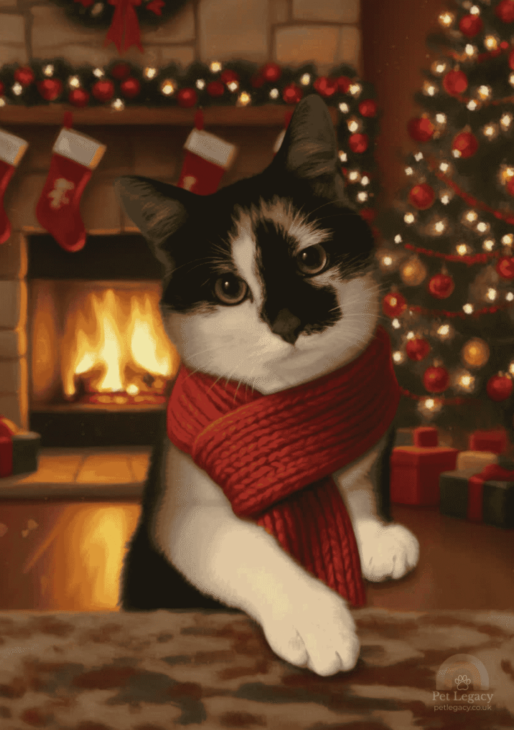 Christmas pet portrait of a black and white cat wearing a red scarf, sitting by a fireplace with a decorated Christmas tree in the background.