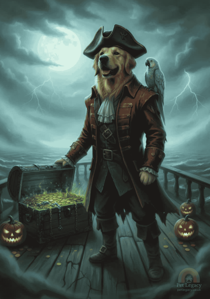Halloween pet portrait of a golden retriever dressed as a pirate with a parrot on its shoulder, standing beside a glowing treasure chest on a stormy ship deck with jack-o’-lanterns.